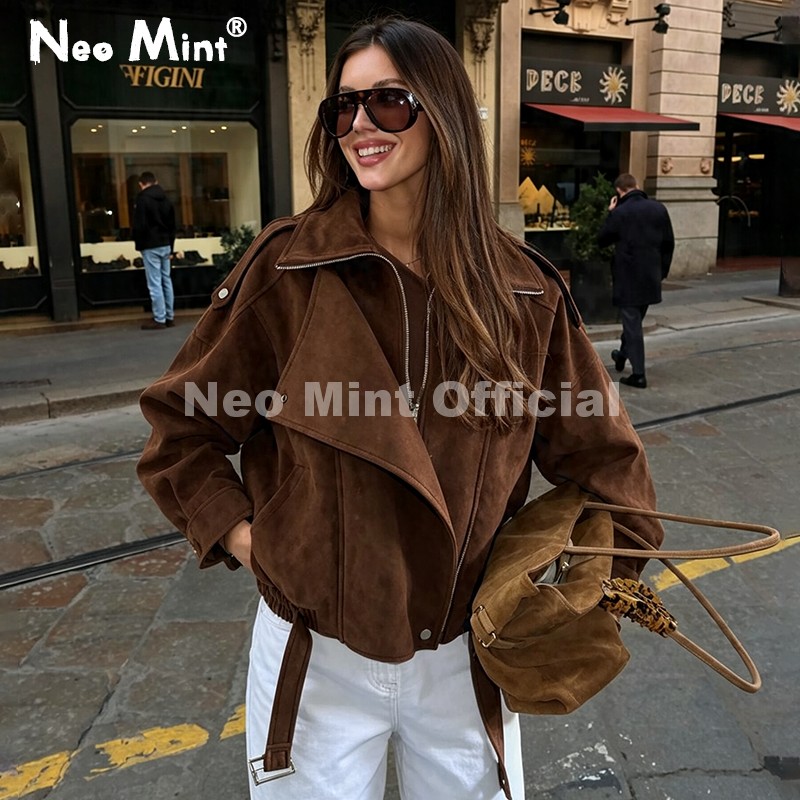 Streetwear Brand Designs - เสื้อแจ็คเก็ตหนังกลับสีน้ำตาลโอเวอร์ไซส์ รุ่น Neo Mint Autumn สำหรับผู้หญิง